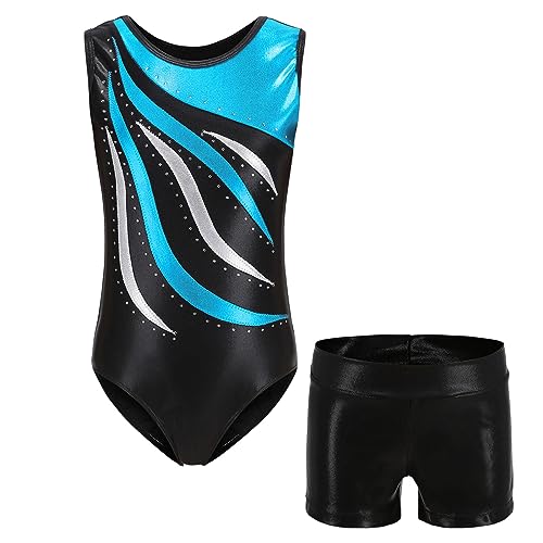 MEILONGER Gymnastikanzug Mädchen，turnanzug mädchen Ärmellos,Ballett Gymnastikbody Turntrikot Gymnastikhose Shorts，2er Set Kinder Glänzende Turnanzug mit Strasssteine(Himmelblau,10-12) von MEILONGER