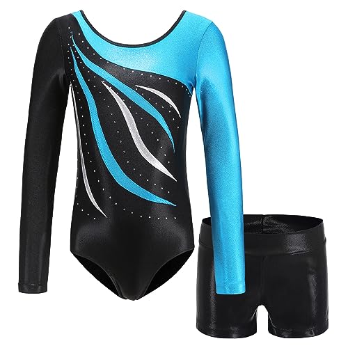 MEILONGER Gymnastikanzug Mädchen，turnanzug mädchen langarm,Ballett Gymnastikbody Turntrikot Gymnastikhose Shorts，2er Set Kinder Glänzende Turnanzug mit Strasssteine(Himmelblau,6-7) von MEILONGER