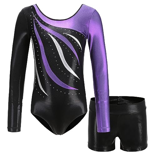 MEILONGER Gymnastikanzug Mädchen，turnanzug mädchen langarm,Ballett Gymnastikbody Turntrikot Gymnastikhose Shorts，2er Set Kinder Glänzende Turnanzug mit Strasssteine(Lila,8) von MEILONGER