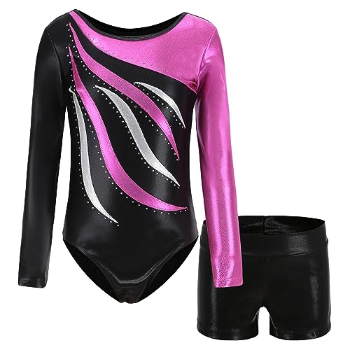 MEILONGER Gymnastikanzug Mädchen，turnanzug mädchen langarm,Ballett Gymnastikbody Turntrikot Gymnastikhose Shorts，2er Set Kinder Glänzende Turnanzug mit Strasssteine(Rosenrot,10-12) von MEILONGER