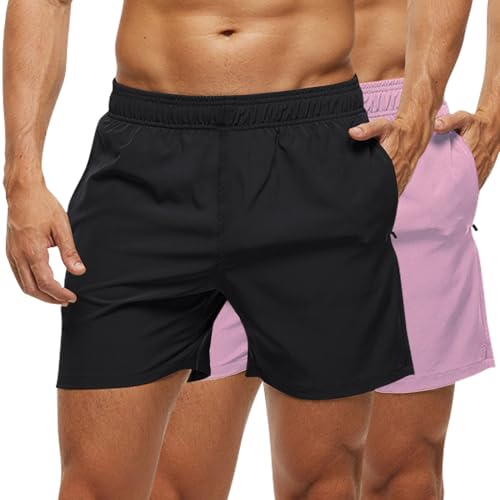 MEILONGER Herren 2-Pack 5" Laufshorts Schnell trocknende Athletische Hosen Training Jogger Gym Shorts(Schwarz+Rosa Lila,S) von MEILONGER