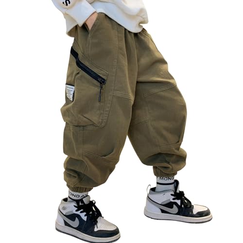 MEILONGER Jungen Cargohose Kinder Baumwolle Casual Hosen Elastische Taille Wandern Schule Uniform Sweatpants Jogger(11235Grün,10-12) von MEILONGER