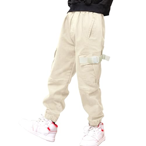 MEILONGER Jungen Cargohose Kinder Baumwolle Casual Hosen Elastische Taille Wandern Schule Uniform Sweatpants Jogger(Cremiges weiß,10-12) von MEILONGER