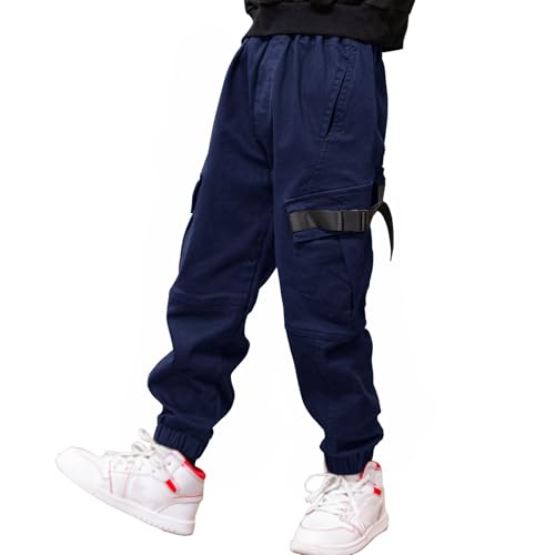 MEILONGER Jungen Cargohose Kinder Baumwolle Casual Hosen Elastische Taille Wandern Schule Uniform Sweatpants Jogger(Dunkelblau,10-12) von MEILONGER