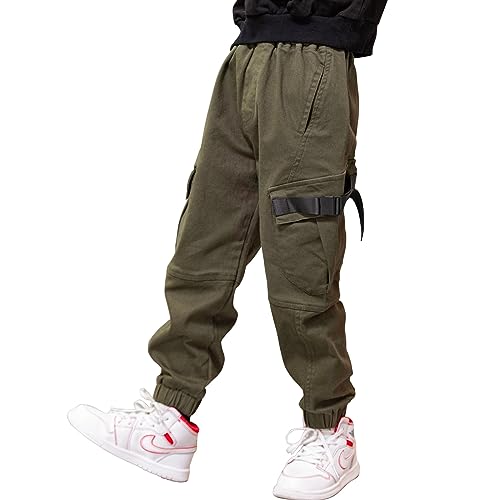 MEILONGER Jungen Cargohose Kinder Baumwolle Casual Hosen Elastische Taille Wandern Schule Uniform Sweatpants Jogger(Grün,14-16) von MEILONGER