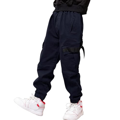 MEILONGER Jungen Cargohose Kinder Baumwolle Casual Hosen Elastische Taille Wandern Schule Uniform Sweatpants Jogger(Marine,10-12) von MEILONGER
