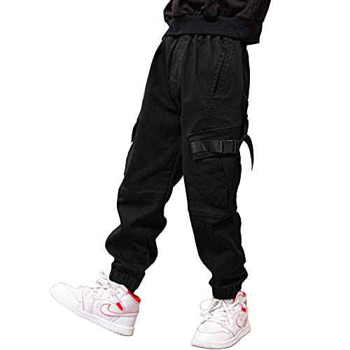 MEILONGER Jungen Cargohose Kinder Baumwolle Casual Hosen Elastische Taille Wandern Schule Uniform Sweatpants Jogger(Schwarz,10-12) von MEILONGER