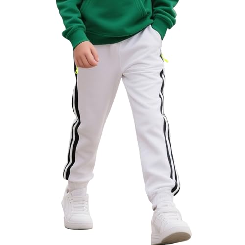 MEILONGER Jungen Mädchen Jogginghose Trainingshosen für Kinder Teenager mit Reißverschlusstasche Elastischem Gummizug Lange Sporthose Freizeit Sweathose Bottoms(Weiße,170) von MEILONGER