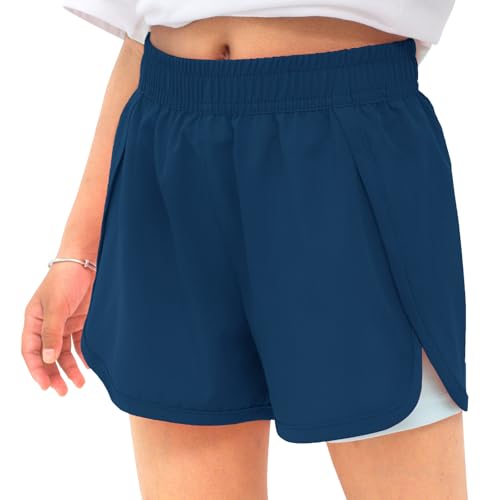 MEILONGER Mädchen Shorts Badehose 2 in 1 Jungen Boardshorts Kinder Kurze Leichte Casual Badeanzug Bademode mit Kompression Innenhose Verstellbare Tunnelzug(Marine,170-176) von MEILONGER
