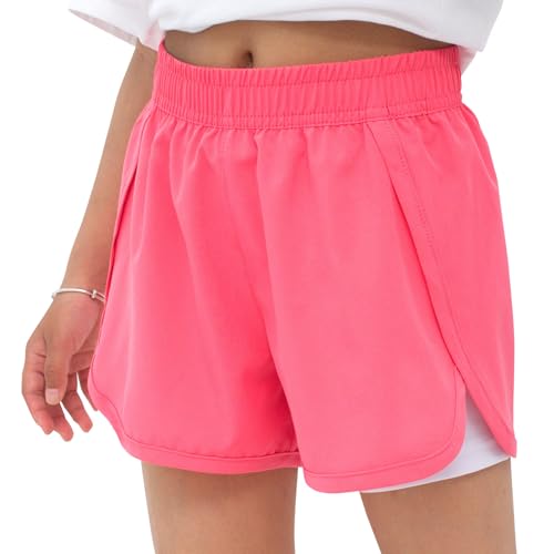 MEILONGER Mädchen Shorts Badehose 2 in 1 Jungen Boardshorts Kinder Kurze Leichte Casual Badeanzug Bademode mit Kompression Innenhose Verstellbare Tunnelzug(Pink,170-176) von MEILONGER