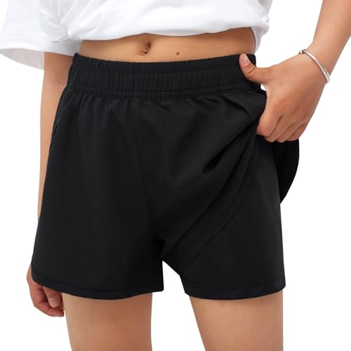 MEILONGER Mädchen Shorts Badehose 2 in 1 Jungen Boardshorts Kinder Kurze Leichte Casual Badeanzug Bademode mit Kompression Innenhose Verstellbare Tunnelzug(Schwarz,140-146) von MEILONGER
