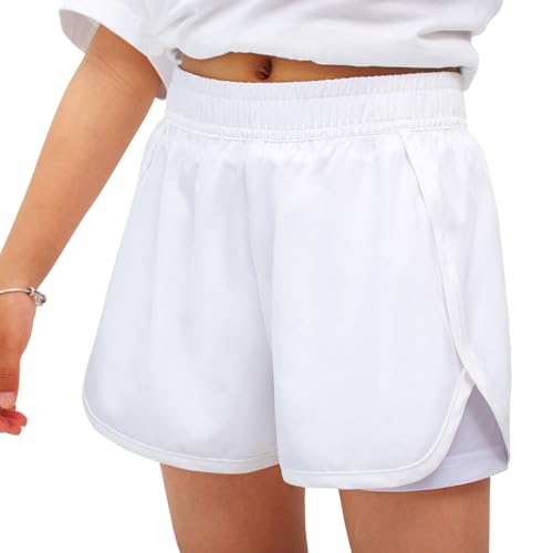 MEILONGER Mädchen Shorts Badehose 2 in 1 Jungen Boardshorts Kinder Kurze Leichte Casual Badeanzug Bademode mit Kompression Innenhose Verstellbare Tunnelzug(Weiß,140-146) von MEILONGER