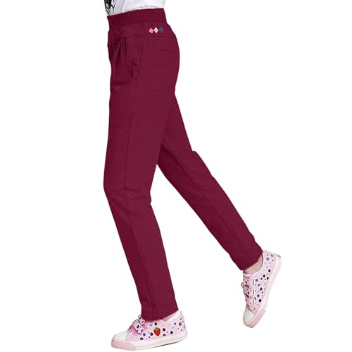 MEILONGER Trainingshose Mädchen Kinder Elastische Taille Wandern Schule Uniform Jogginghosen Sporthose Freizeit Bottoms(Bordeauxrot 120) von MEILONGER