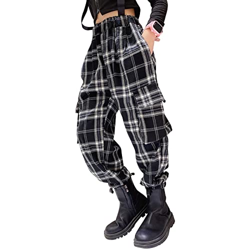 Mädchen Cargo Hosen Kinder Casual Freizeithose Hip Hop Elastische Taille Wandern Schule Uniform Jogginghosen Trainingshose Sport Freizeit Streetwear(Schwarze Weiße Quadrate,6-7) von MEILONGER