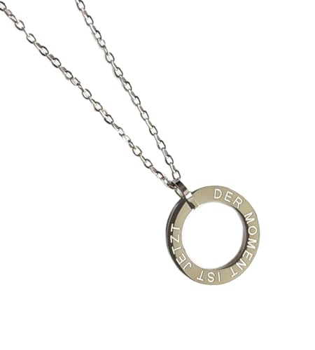 Mantra-Kette aus Edelstahl in silber mit rundem Anhänger ca. 1,8 cm mit Gravur: Der Moment ist jetzt von MEIN MANTRA by alexa