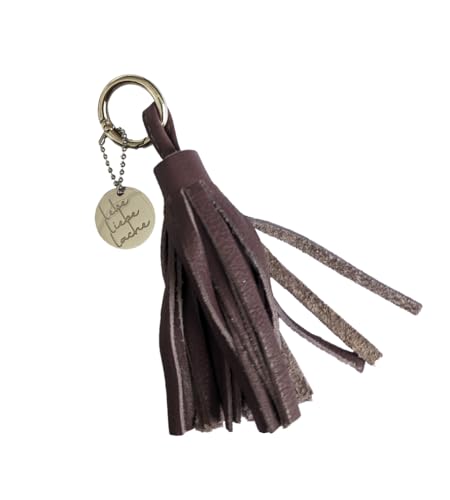 Schlüsselanhänger Taschenanhänger mit Leder-Quaste in Dunkeltaupe und Mantra-Charm aus Edelstahl LEBE LIEBE LACHE von MEIN MANTRA by alexa