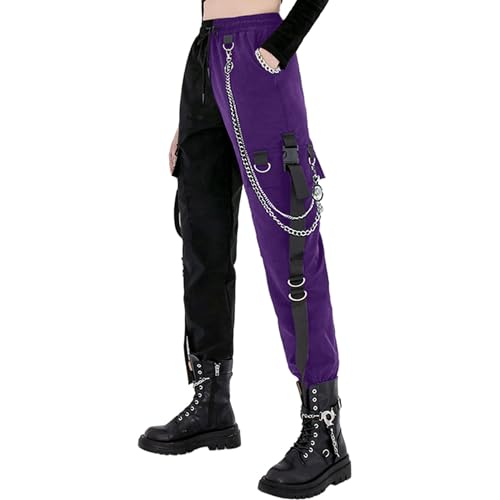 MEINVQIAOTI Black Cargo Pants for Women Techwear Women Loose Street Rock Style Casual Black Pants with Chain Goth Pants (Purple&Black,L) von MEINVQIAOTI