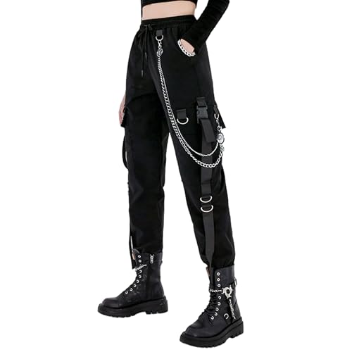 MEINVQIAOTI Schwarze Cargo-Hose für Damen, Techwear, Damen, lockerer Street Rock-Stil, legere Schwarze Hose mit Kette im Gothic-Stil, schwarz, Groß von MEINVQIAOTI