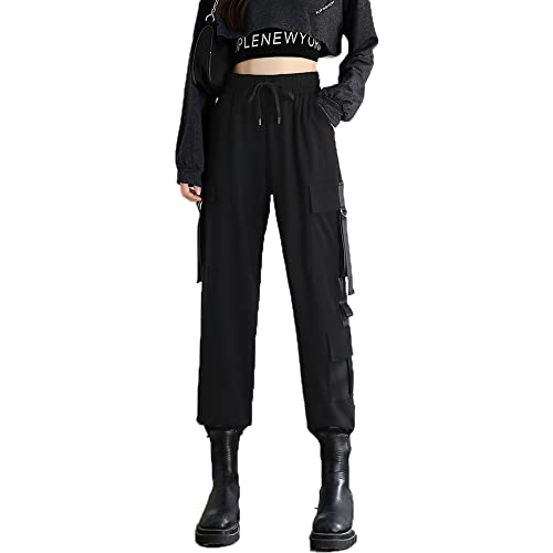 MEINVQIAOTI Schwarze Cargo-Hose für Frauen, Straße, Hip-Hop, lockere Füße, gerade, legere Gothic-Hose für Frauen, schwarz, X-Groß von MEINVQIAOTI