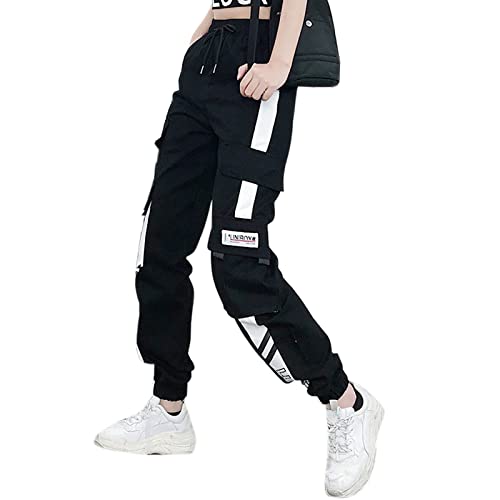 MEINVQIAOTI Schwarze Cargo-Hose für Frauen, gerade, Hip-Hop, dünne legere Techwear-Damen-Hose, schwarz, Mittel von MEINVQIAOTI