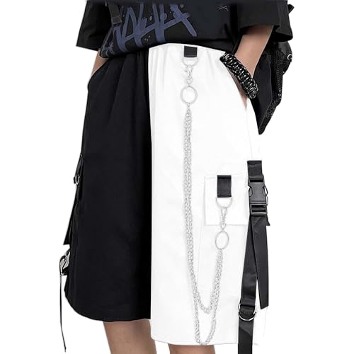 MEINVQIAOTI Schwarze Cargohose für Damen, Street Harajuku, lockere, gerade Shorts, schwarze Hose mit Ketten, schwarz/weiß, Mittel von MEINVQIAOTI