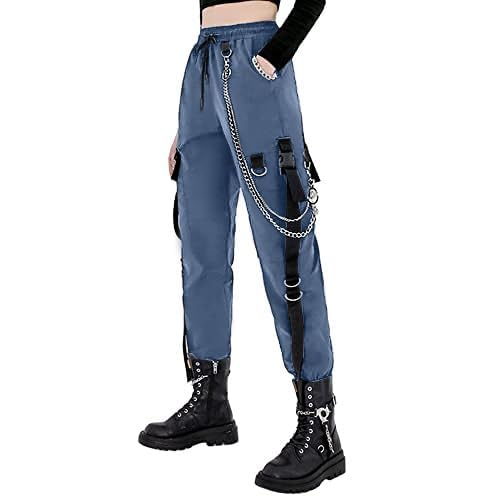 MEINVQIAOTI Schwarze Cargohose für Damen, Techwear, lockere Straße, Rock-Stil, lässige Schwarze Hose mit Kette, Gothic-Hose, Blau, X-Klein von MEINVQIAOTI