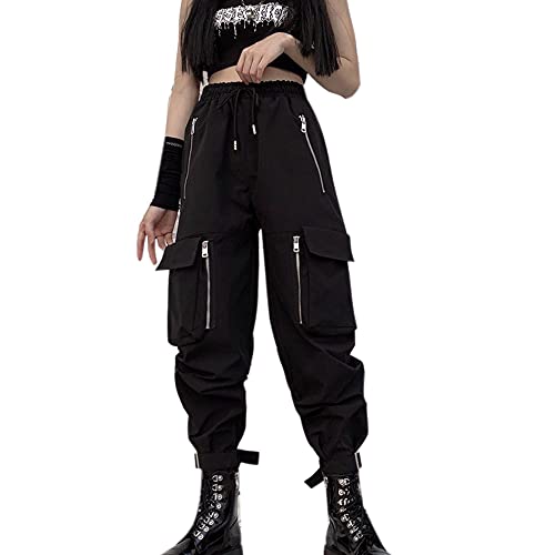 MEINVQIAOTI Schwarze Cargohose für Damen, lose gekettelte Hose, mehrere Taschen, mehrere Reißverschluss, Punk-Gothic-Hose, Schwarz, X-Groß von MEINVQIAOTI
