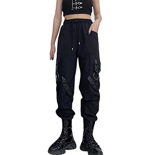 MEINVQIAOTI Street Hip Hop Trend Combat Pants Damen Hohe Taille Lose Damen Schwarz Cargohose, Schwarz, XL von MEINVQIAOTI