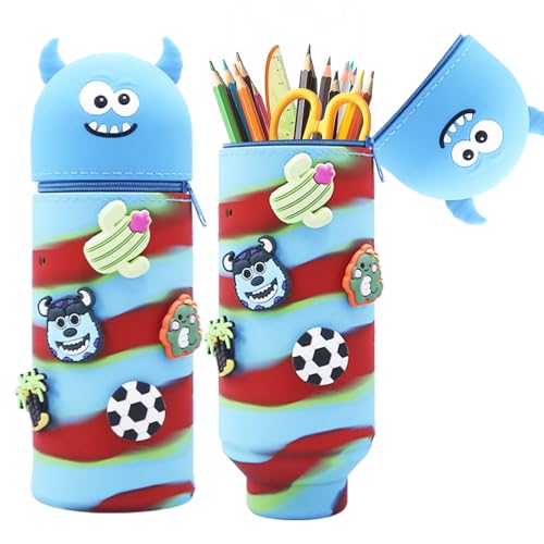 MEISHANG Federmäppchen Silikon-Kleine Monster,18 Modelle zur Auswahl,2 in 1 Weiche Silikontasche,Mäppchen Tier 18,5 cm Hoch, Reißverschluss und Ausdehnbar,Stifte Mäppchen für Mädchen Junge(Blau) von MEISHANG
