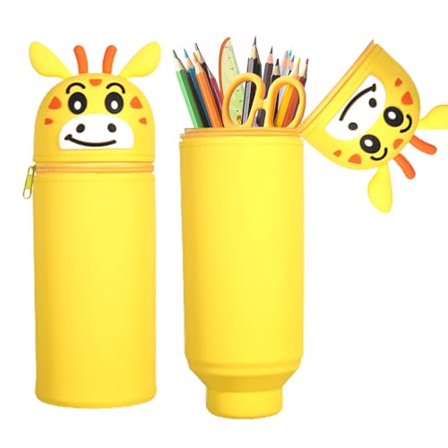MEISHANG Federmäppchen Silikon-Giraffe,18 Modelle zur Auswahl,2 in 1 Weiche Silikontasche,Mäppchen Tier 18,5 cm Hoch, Reißverschluss und Ausdehnbar,Stifte Mäppchen für Mädchen Junge(Gelb) von MEISHANG