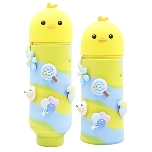 MEISHANG Federmäppchen Silikon-Küken,18 Modelle zur Auswahl,2 in 1 Weiche Silikontasche,Mäppchen Tier 18,5 cm Hoch, Reißverschluss und Ausdehnbar,Stifte Mäppchen für Mädchen Junge(Gelb) von MEISHANG