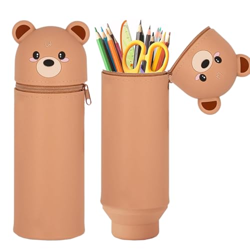 MEISHANG Federmäppchen Silikon-Süßer Bär,18 Modelle zur Auswahl,2 in 1 Weiche Silikontasche,Mäppchen Tier 18,5 cm Hoch, Reißverschluss und Ausdehnbar,Stifte Mäppchen für Mädchen Junge(Braun) von MEISHANG