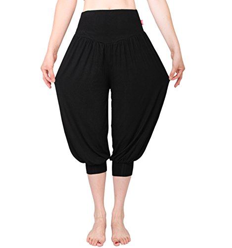 MEISHINE® Sommer Damen 7/10 Abgeschnittene Hose Modal Elastisch Haremshose Pluderhose Pumphose Ideal für Sport Yoga Tanz Jogging Dance (Size XXL, Schwarz) von MEISHINE