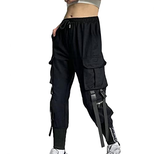 MEITING Damen Gothic Punk Hosen Cargohose Trend Haremshose Hip Hop Hose mit Mehreren High Waist Jogger Cargo Pants Elegant Techwear Hosen Einfarbig Locker Baggy Streetwear Punk Hose Freizeithose von MEITING