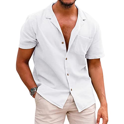 MEITING Leinenhemd Herren Sommer Kurzarm Freizeithemden Casual Einfarbig Shirt Henry Kurzarmshirt Business Reverskragen Hemden Freizeit Sommerhemd Baumwolle Leinen Shirts Hemdoberteil von MEITING