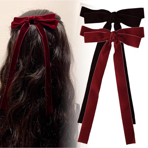 2 Stück Schwarz+Rote Haarschleife Mädchen, Satinband Schleife Haare, Französischer Haarspangen mit Lange Seidigem Satin, Samt Schleife Haarspangen, Haarschleifen Clips für Damen, Haarspange Schleife von MEITREND