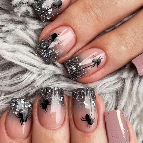 24 Stück Press on Nails Künstliche Nägel Kurz - Schwarze Glitzer Nails mit Spinnennetz, Fake Nails zum Aufkleben Full Cover Acrylnägel für Frauen Mädchen Halloween Nail Art Maniküre (Schwarz Glitzer) von MEITREND