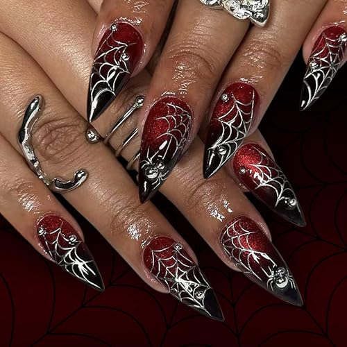 24 Stück Press on Nails Künstliche Nägel - Rote Schwarze Ombre Mandel Nägel mit Spinnennetz Design, Fake Nails zum Aufkleben, Full Cover Acrylnägel für Frauen Mädchen Halloween Maniküre (Rot Ombre) von MEITREND