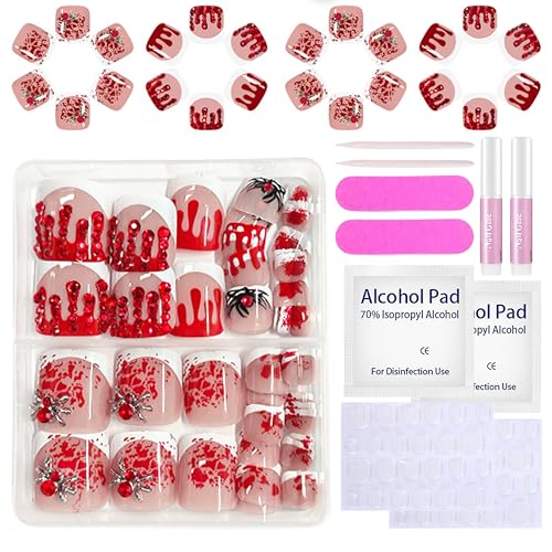 48 Stück Künstliche Zehennägel für Halloween - Nackt Blutspuren Fake Nails, Kreative Französische Zehennägel zum Aufkleben, Kurz Full Cover Acryl Nägel für Frauen & Mädchen Nail Art (Rot French) von MEITREND
