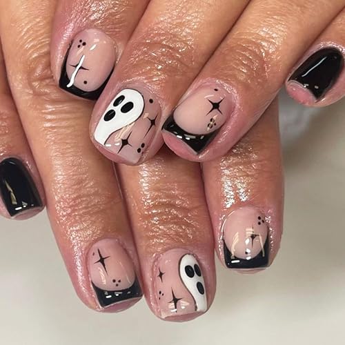 24 Stück Schwarze Spinne Fingernägel für Halloween, Press on Nails Kurz, Gruselige Fake Nails künstliche Nägel zum Aufkleben Acryl Full Cover für Frauen Mädchen Nail Art von MEITREND