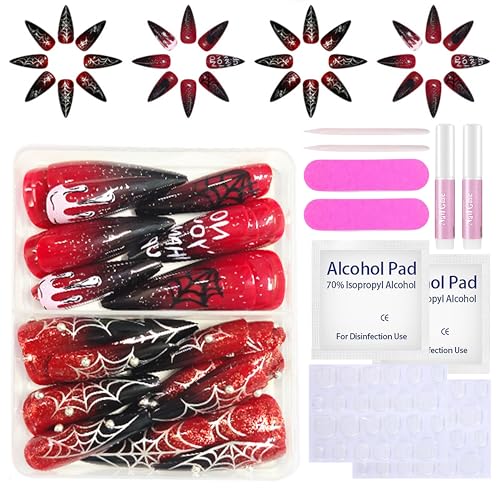 48 Stück Künstliche Fingernägel für Halloween - Schwarze Rote Gradient Mandelform Fake Nails, Kreative Full Cover Press On Nägel, Kurz Acryl Nägel für Frauen & Mädchen Nail Art Maniküre (Rot Ombre) von MEITREND