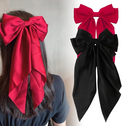 Haarschleifen Clips, Haarspangen mit Großer Schleife, Französische Haarspange mit Langem Seidigem Satin, Haarschleife Mädchen, Große Satin Haarschleife für Damen, Haar Accessoires (Schwarz + Weinrot) von MEITREND
