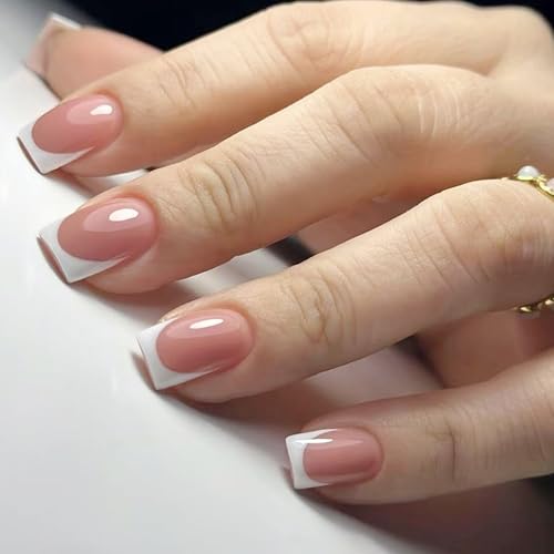 24 Stück Press on Nails Künstliche Nägel Kurz - Klassische French Nails mit Weißem Rand, Fake Nails Fingernägel zum Aufkleben Full Cover Acrylnägel für Frauen Mädchen Nail Art Maniküre (Weiß French) von MEITREND