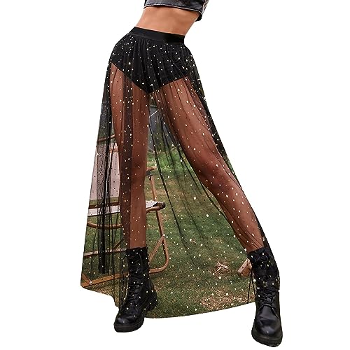 Damen Glitzer Rock Festival Rock Outfit Rock Pailletten Rock Fransenrock Festival Mesh Rock Transparent 2 In 1 Rock Maxirock Mit Hose Drunter Tüllrock Stern Musikfestivals Party Clubwear (2-Black, XL) von MEIYOUMK