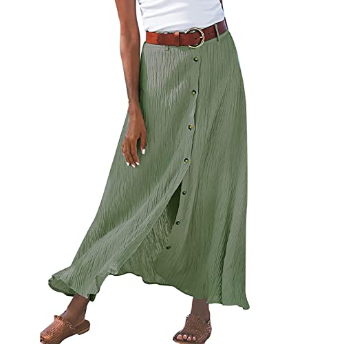 Damen Maxirock Sommerrock Boho Sommer Rock Baumwolle Leinen Lange Rock Elastische Taille Einfarbig Faltenrock mit Schlitz Sommerkleid halbe Länge Maxirock Kleid Sommerrock Strandkleider (Green-a, XL) von MEIYOUMK