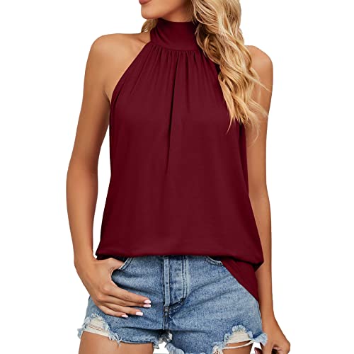 Damen Neckholder Tank Tops Ärmellose Elegant Sommer Top Basic Slim Fit Shirts Casual Lose T-Shirt Oberteile Einfarbig Shirt Tops Bluse Frauen Schnürtops Bluse (Red, M) von MEIYOUMK