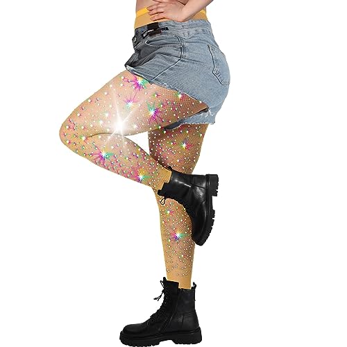 Damen Strumpfhose Funkeln Strass Netzstrumpfhose Glitzer Fischernetz Strumpfhosen Fishnet Stockings Strümpfe Strumpfhosen Netzstrümpfe Hohe Taille Feinstrumpfhose Netzstrumpfhose (Beige, One Size) von MEIYOUMK