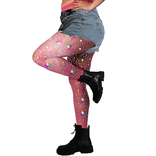 Damen Strumpfhose Funkeln Strass Netzstrumpfhose Glitzer Fischernetz Strumpfhosen Fishnet Stockings Strümpfe Strumpfhosen Netzstrümpfe Hohe Taille Feinstrumpfhose Netzstrumpfhose (Hot Pink, One Size) von MEIYOUMK