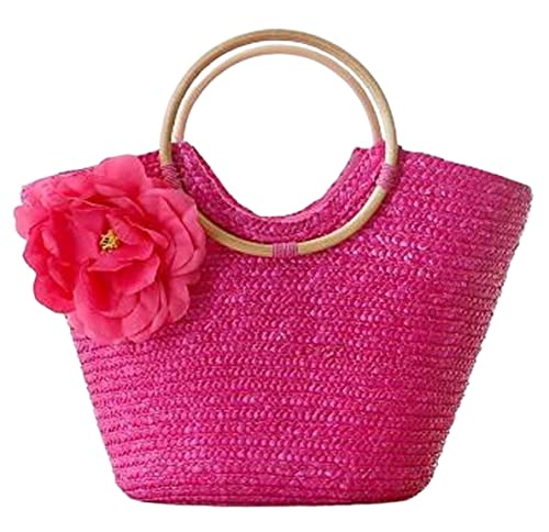 MEIZHITU Korbtaschen Damen Rattan Gewebte Handtasche Blumen Umhängetasche Gewebte Tasche Freizeit Urlaub Tote Strandtasche Damen Sommer Strand Geldbörse(Color:Rose red) von MEIZHITU