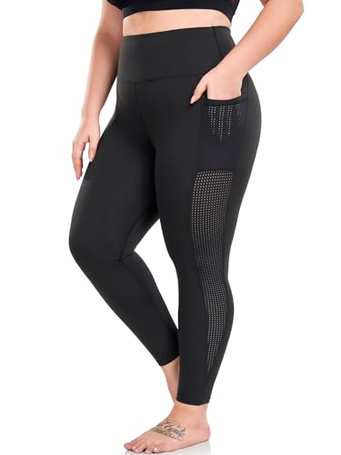 Leggings in Übergröße, Schwarze Mesh-Yogahose für Frauen mit Taschen, hohe Taille, Bauchkontrolle und kniebeugensichere Workout-Leggings, schwarz 2, 36X-Large Mehr von MEJING